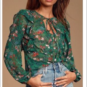 Lulus Leisha Green Floral Sheer Ruffle Bottom Top